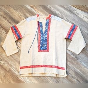 Artisan Linen Boho Pullover Tunic Womens 14 Mixed Media Festival Hippie Ivory